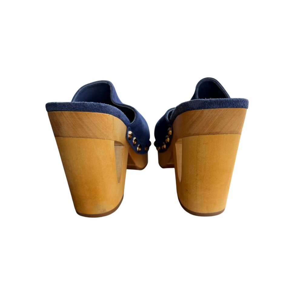 House Of Harlow 1960 x REVOLVE Cut Out Blue Suede Clogs With Wooden Heels & Gold - Picture 5 of 8